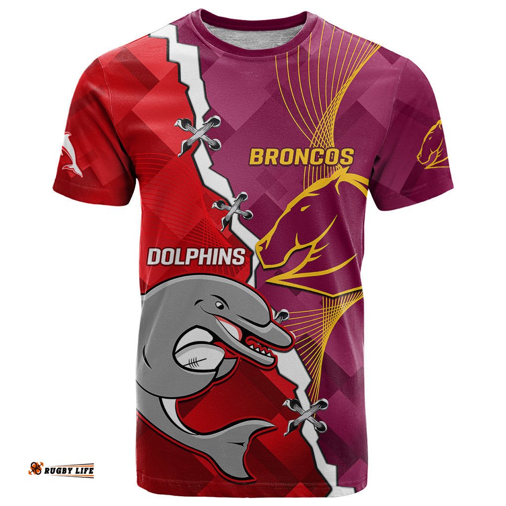 custom personalised broncos mix dolphins rugby t shirt sporty style