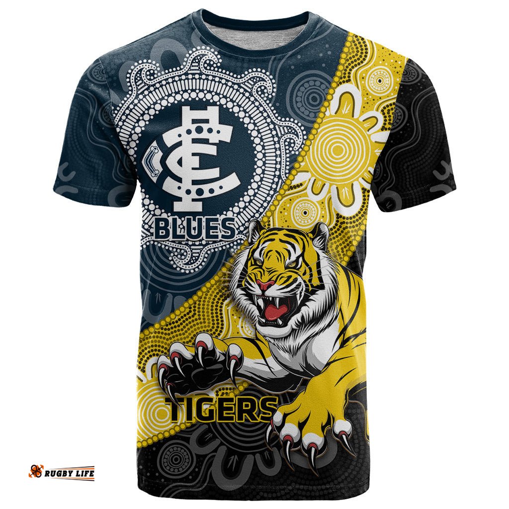 personalised richmond and carlton football t shirt tigers bluestogether aboriginal art