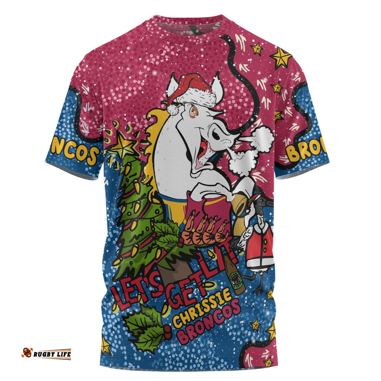 Amazing Aussie Brisbane Broncos Christmas Custom T-shirt - Let's Get Lit Chrisse Pressie T-shirt