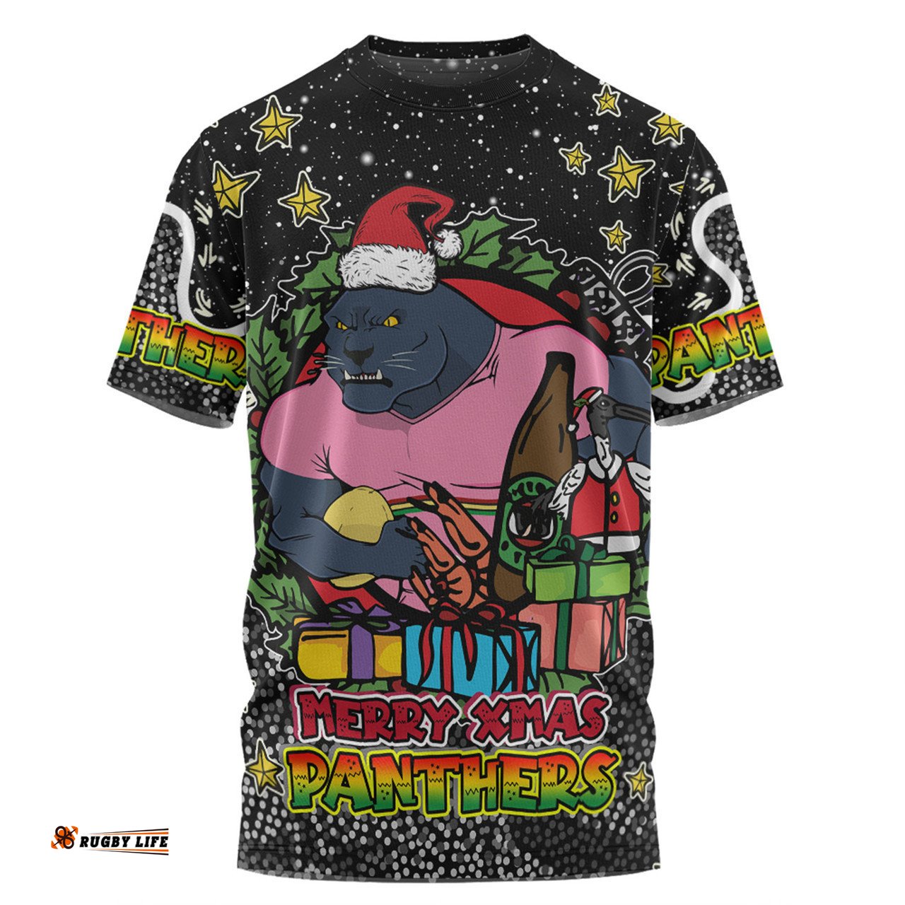 Amazing Aussie Penrith Panthers Christmas Custom T-shirt - Merry Christmas Our Beloved Team With Aboriginal Dot Art Pattern T-shirt