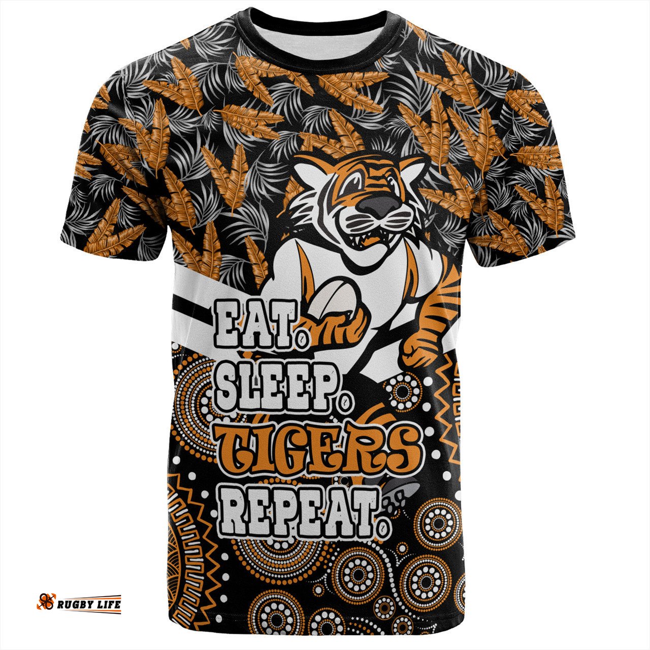 Amazing Aussie Wests Tigers T-Shirt - Tropical Patterns And Dot Painting Eat Sleep Rugby Repeat