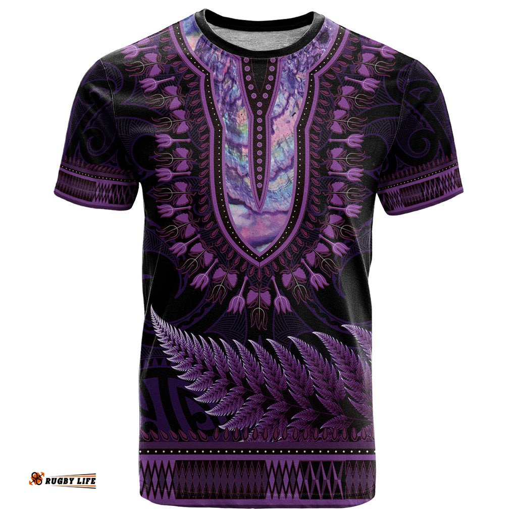 purple african dashiki with aotearoa maori t shirt paua shell mix silver fern