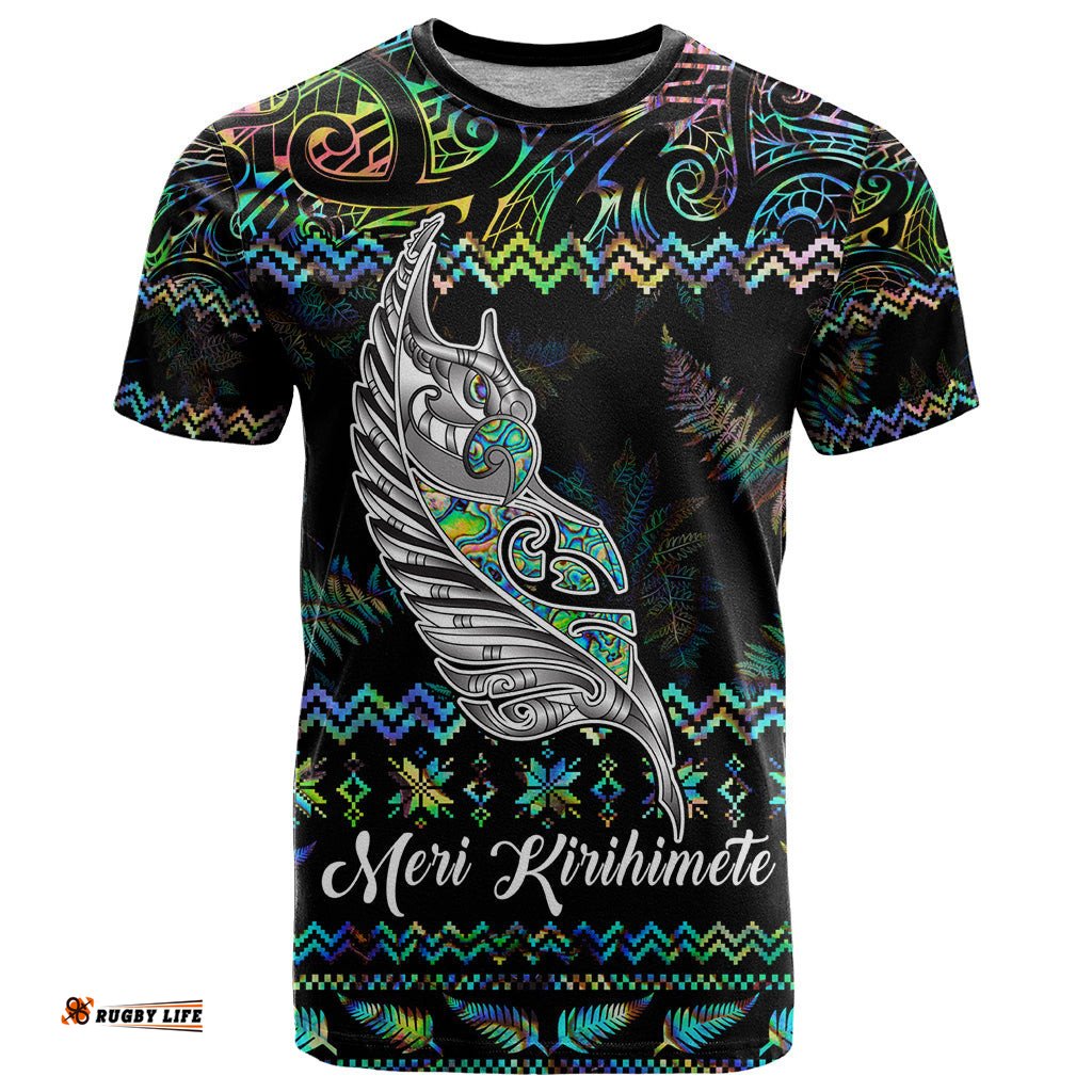 personalised new zealand christmas t shirt maori fern manaia meri kirihimete with papaua shell