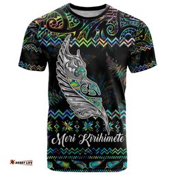 personalised new zealand christmas t shirt maori fern manaia meri kirihimete with papaua shell