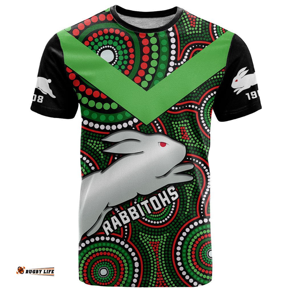 personalised rabbitohs rugby t shirt souths 1908 indigenous art