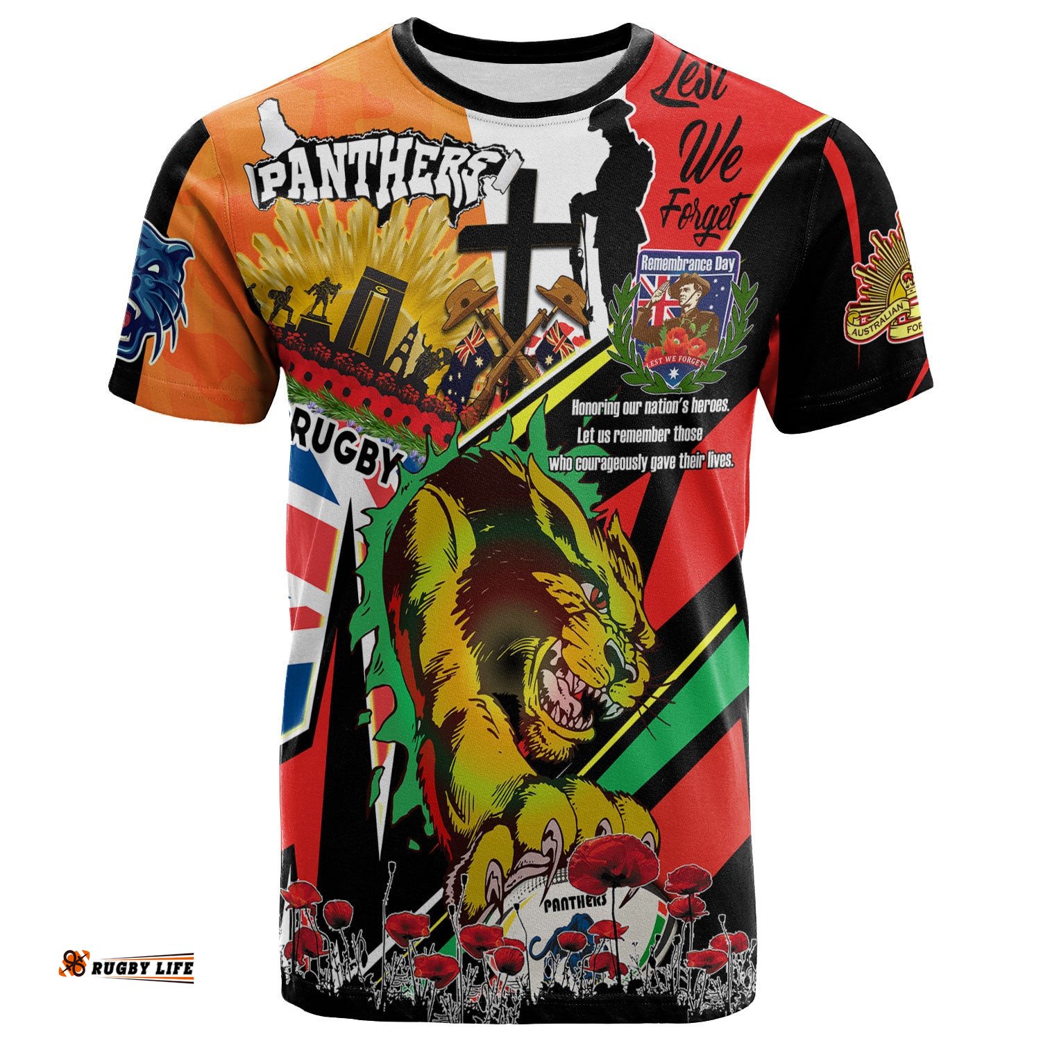panthers rugby t shirt custom remembrance panthers anzac quote with poppy and rosemary t shirt