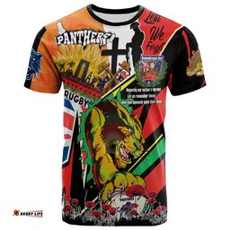 panthers rugby t shirt custom remembrance panthers anzac quote with poppy and rosemary t shirt