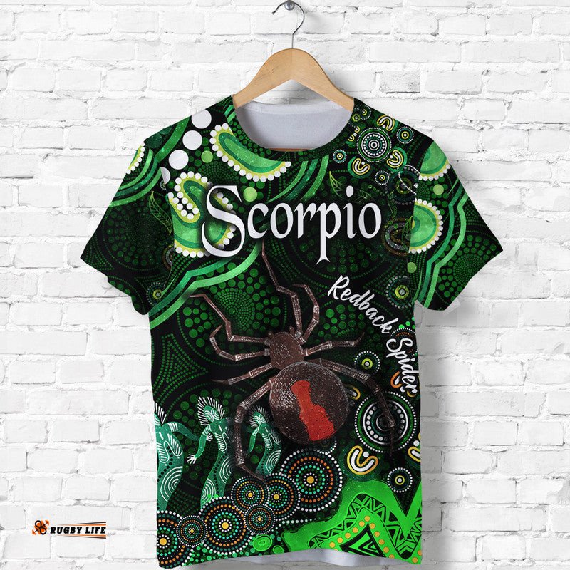custom personalised australian astrology t shirt scorpio redback spider zodiac aboriginal vibes green