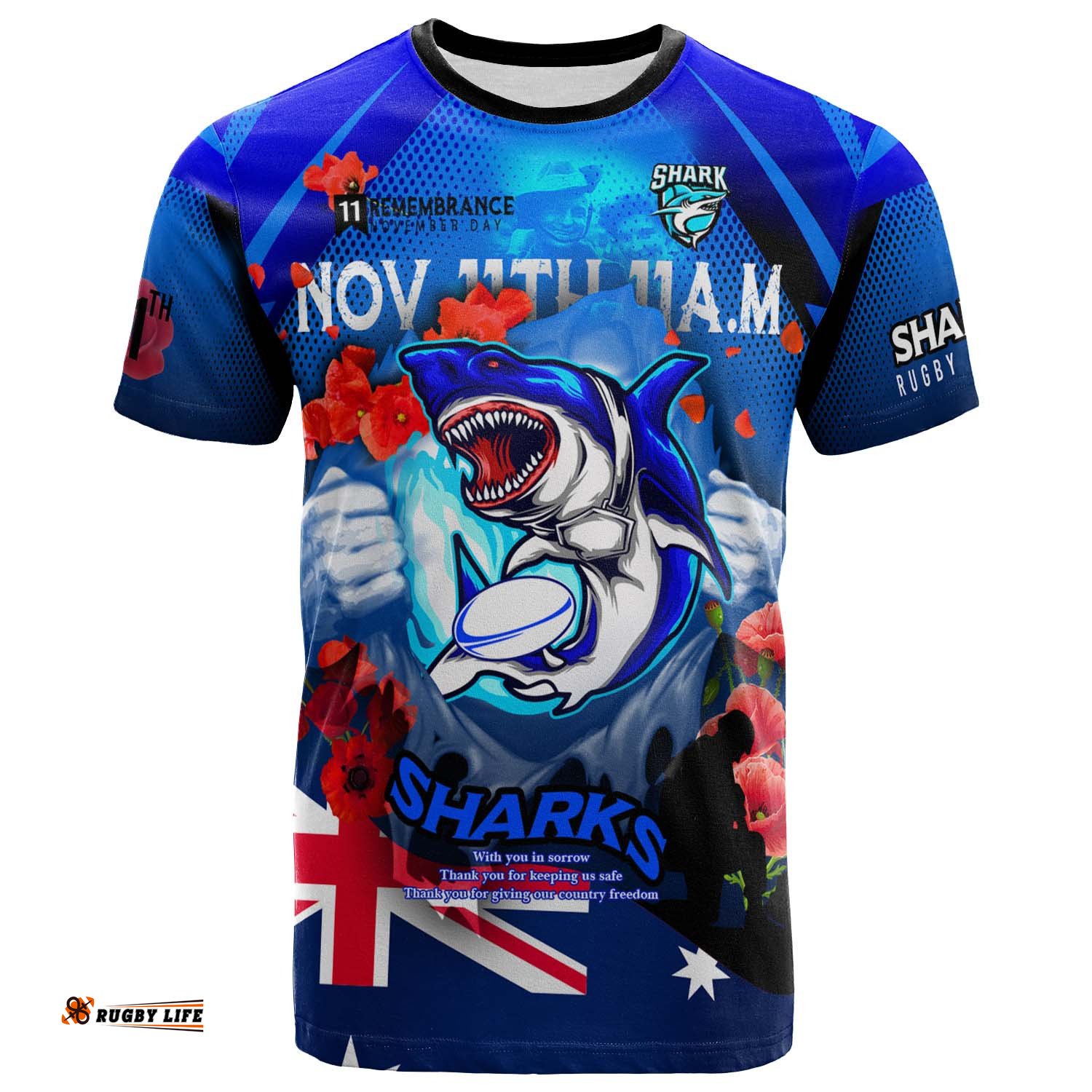 sharks rugby t shirt custom sharks remembrance day lest we forget poppies t shirt
