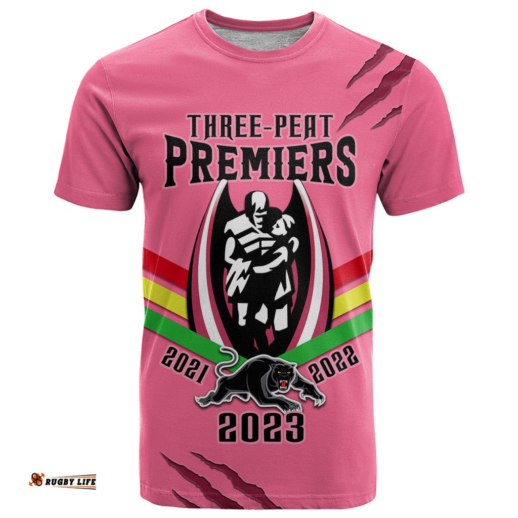 personalised nrl panthers t shirt premiers 2023 three peat proud of our boys pink