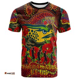 parramatta eels rugby aboriginal anzac day custom t shirt lest we forget eels with poppy flower