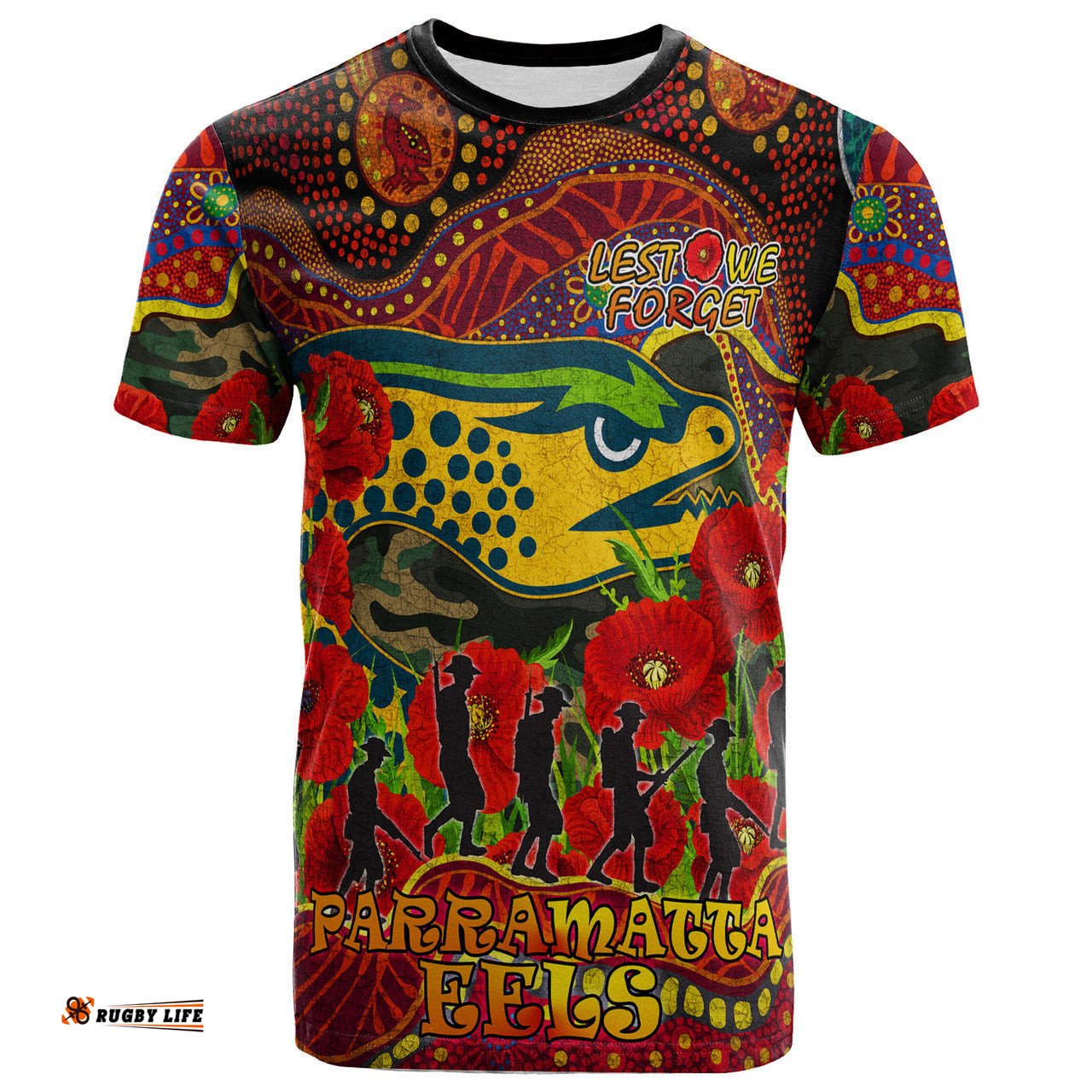 parramatta eels rugby aboriginal anzac day custom t shirt lest we forget eels with poppy flower