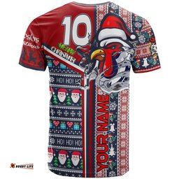 roosters rugby christmas t shirt custom scratch roosters snowflakes ho ho ho personalized name and number t shirt