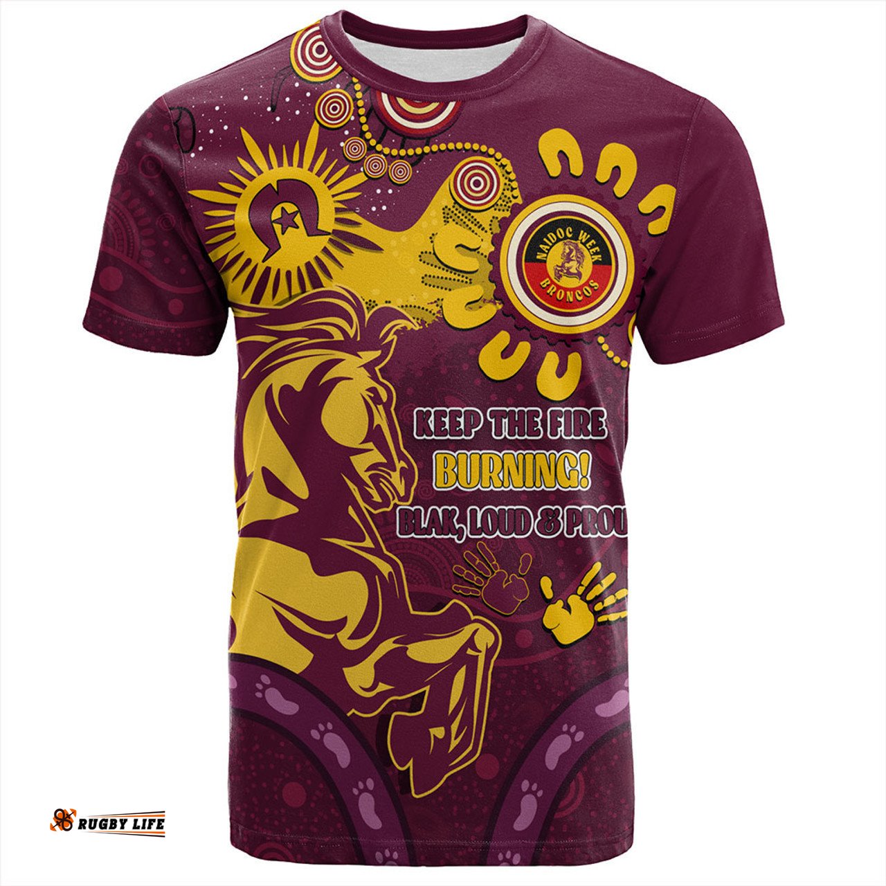 Amazing Aussie Brisbane Broncos T-Shirt Aboriginal Indigenous Naidoc Week Dreamtime Dot Painting With Flag