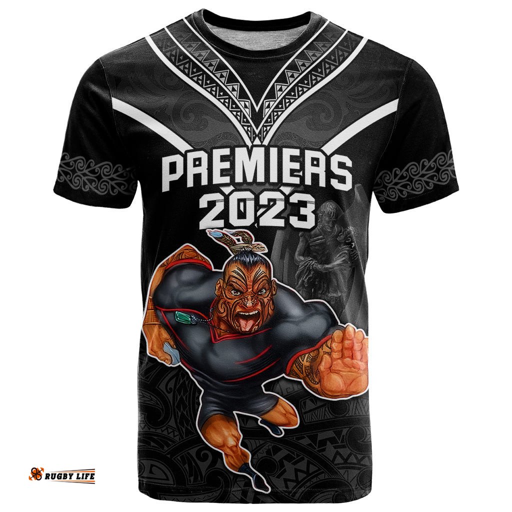 custom warriors permier 2023 t shirt the wahs mascot with maori tattoo