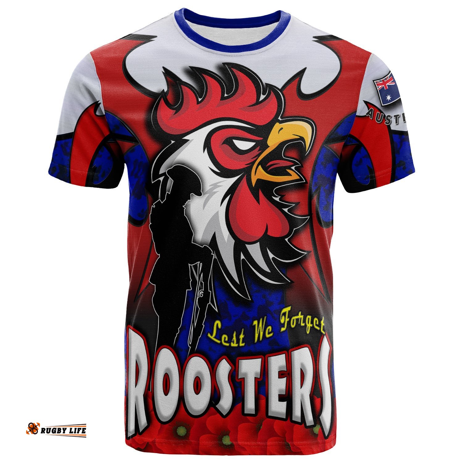 roosters rugby t shirt custom roosters remembrance day and poppies t shirt