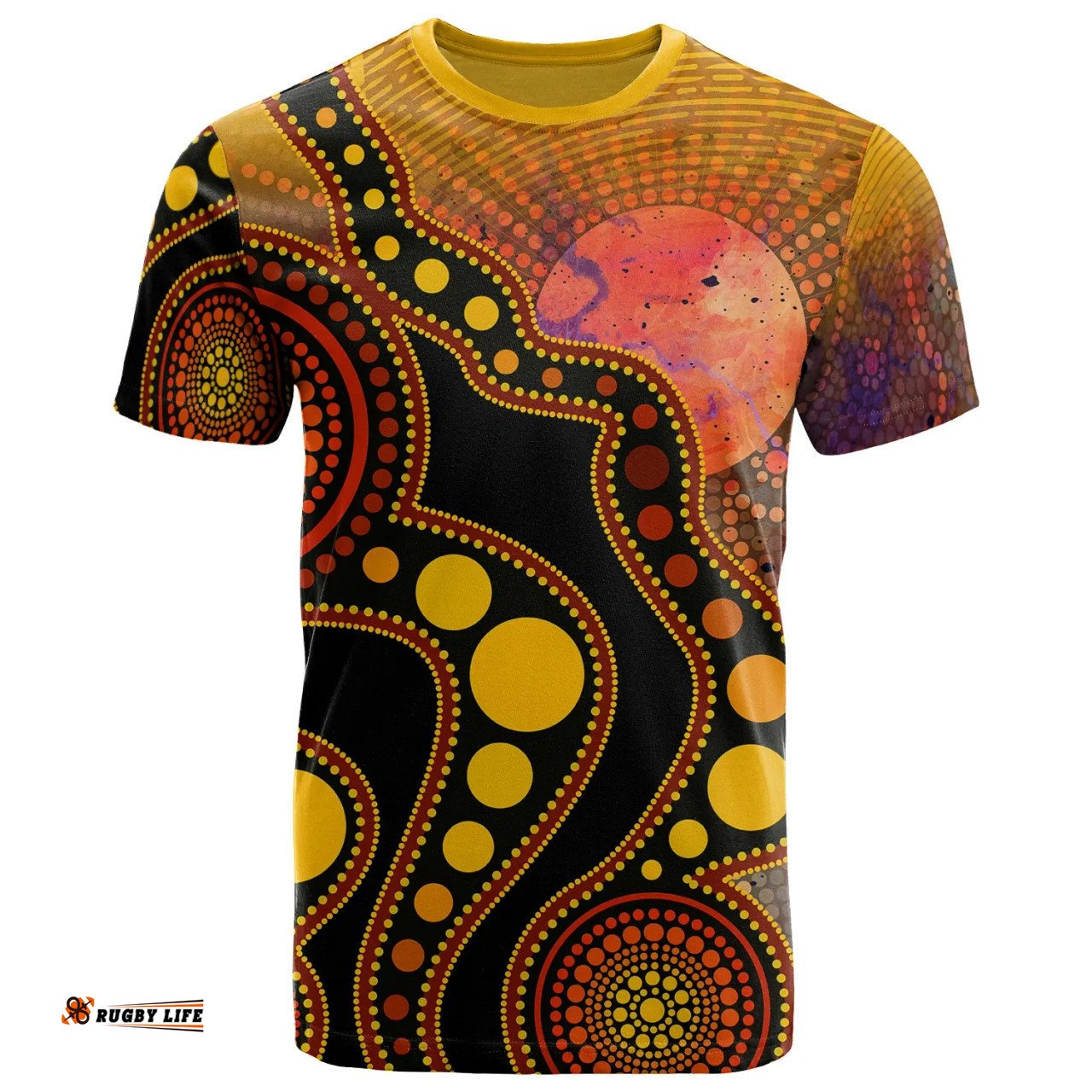 Amazing Aussie Australia Aboriginal Inspired T-Shirt - Australia Indigenous Flag Circle Dot Painting Art (Golden)