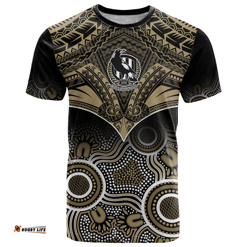 collingwood football t shirt go magpies aboriginal mix polynesian pattern