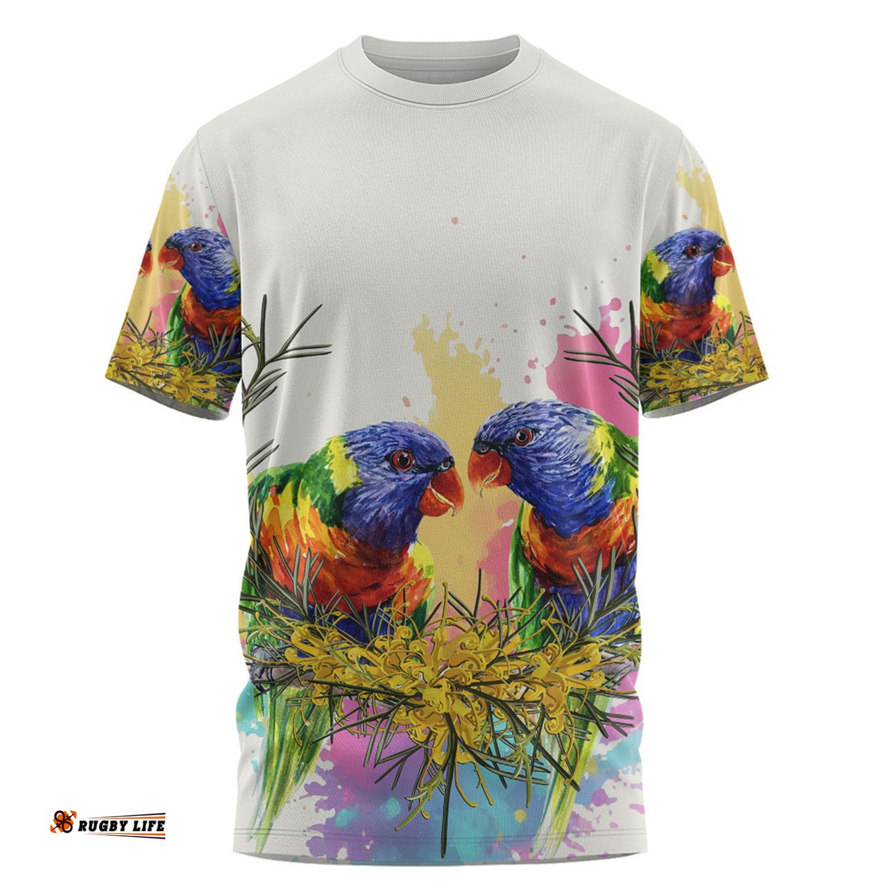 Amazing Aussie Australia Rainbow Lorikeets T-shirt - Rainbow Lorikeets With Grevillea Flowers T-shirt