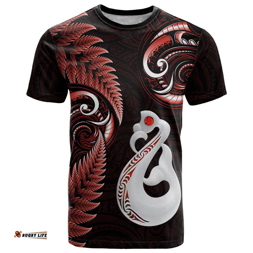 personalised new zealand t shirt aotearoa silver fern with manaia maori unique red