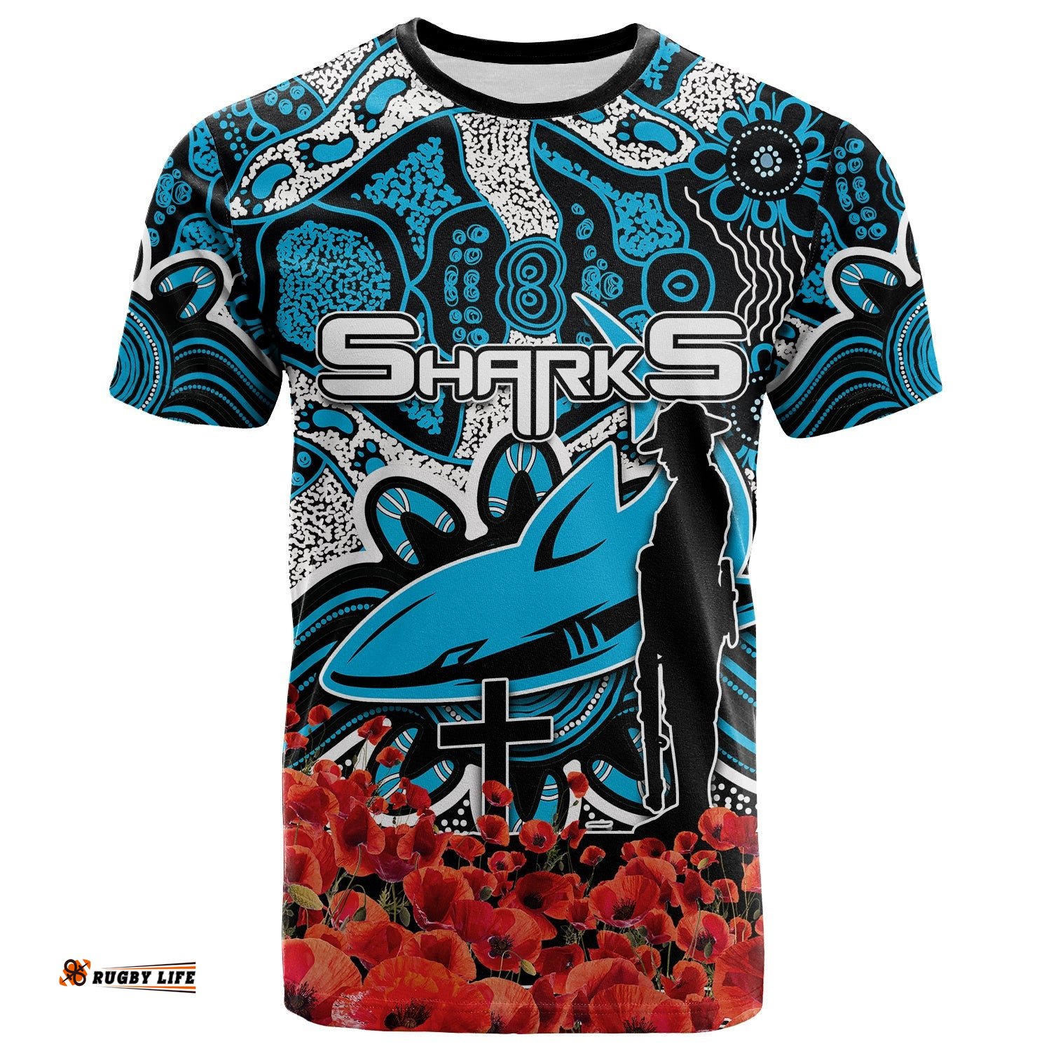 sharks t shirt anzac day poppy flowers with aboriginal
