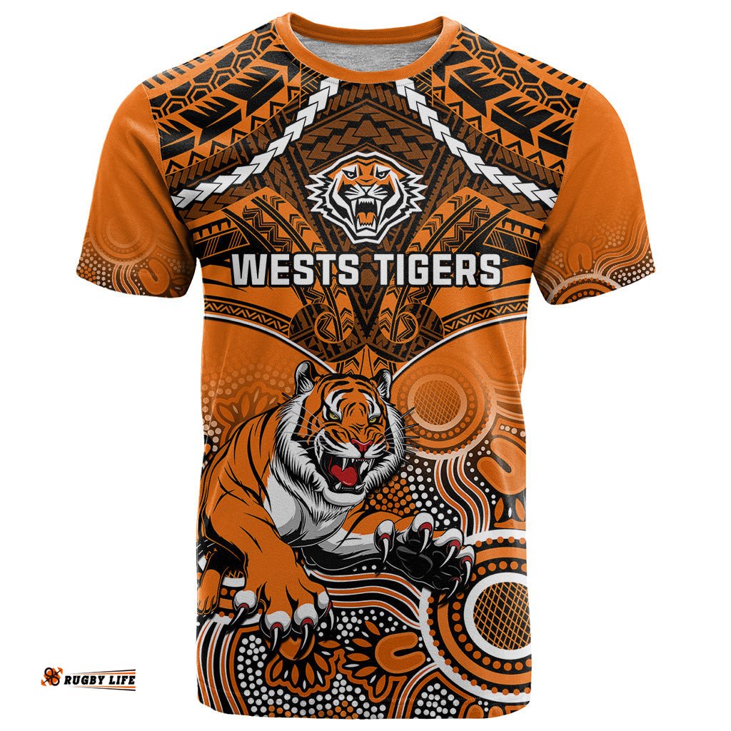 personalised tigers rugby t shirt aboriginal mix polynesian pattern