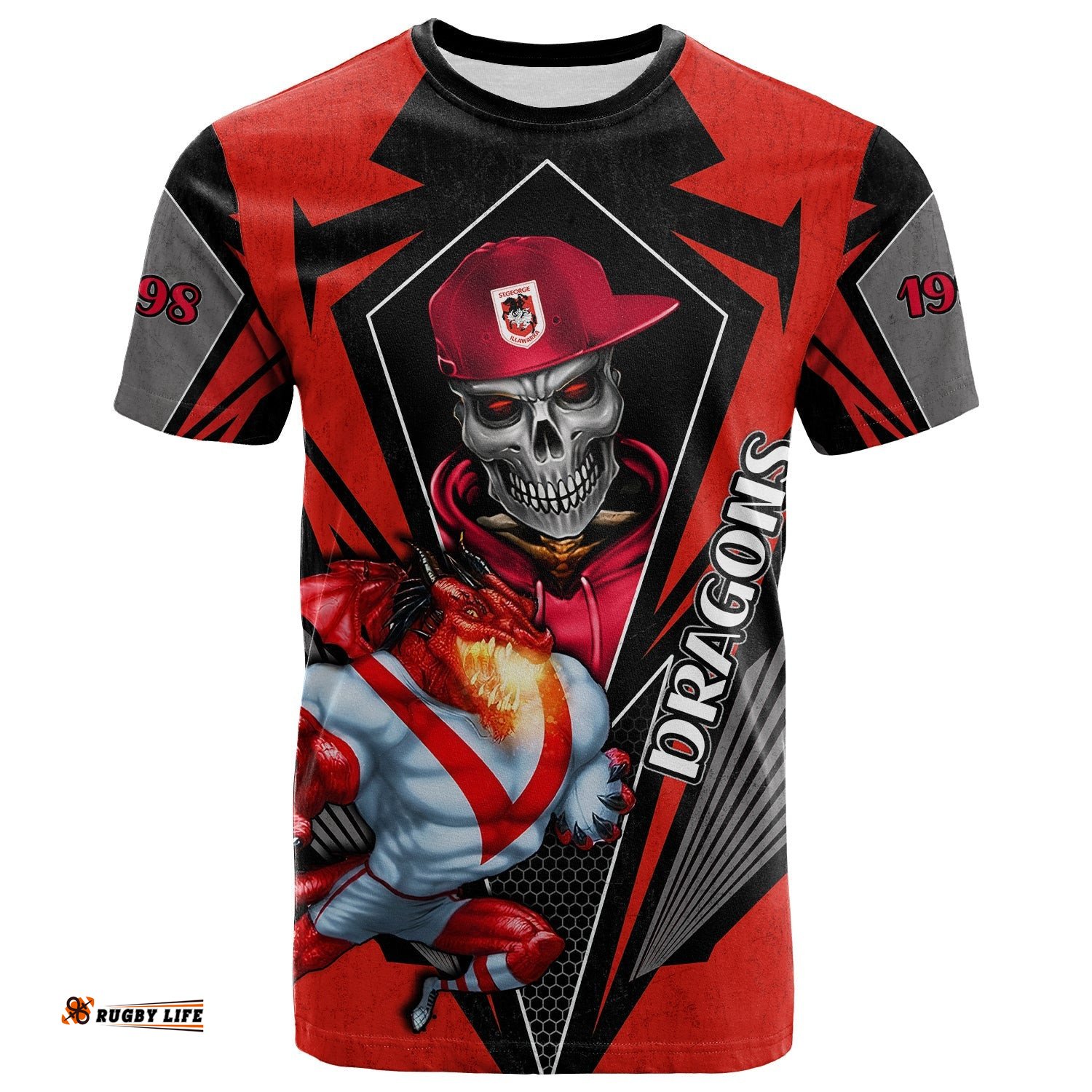 custom personalised dragons rugby t shirt mascot st. george illawarra since 1998 cool skull