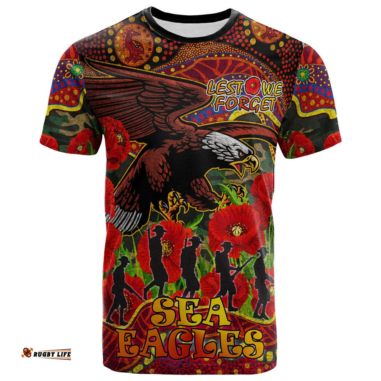 Amazing Aussie Australia Sea Eagles Anzac Day Custom T-shirt - Aboriginal Inspired Lest We Forget Australia Sea Eagles With Poppy Flower