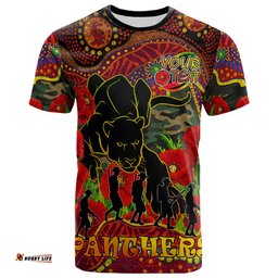 Amazing Aussie Penrith Panthers Anzac Day Custom T-shirt - Aboriginal Inspired Lest We Forget Penrith Panthers With Poppy Flower