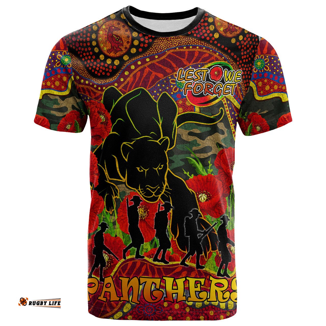 Amazing Aussie Penrith Panthers Anzac Day Custom T-shirt - Aboriginal Inspired Lest We Forget Penrith Panthers With Poppy Flower