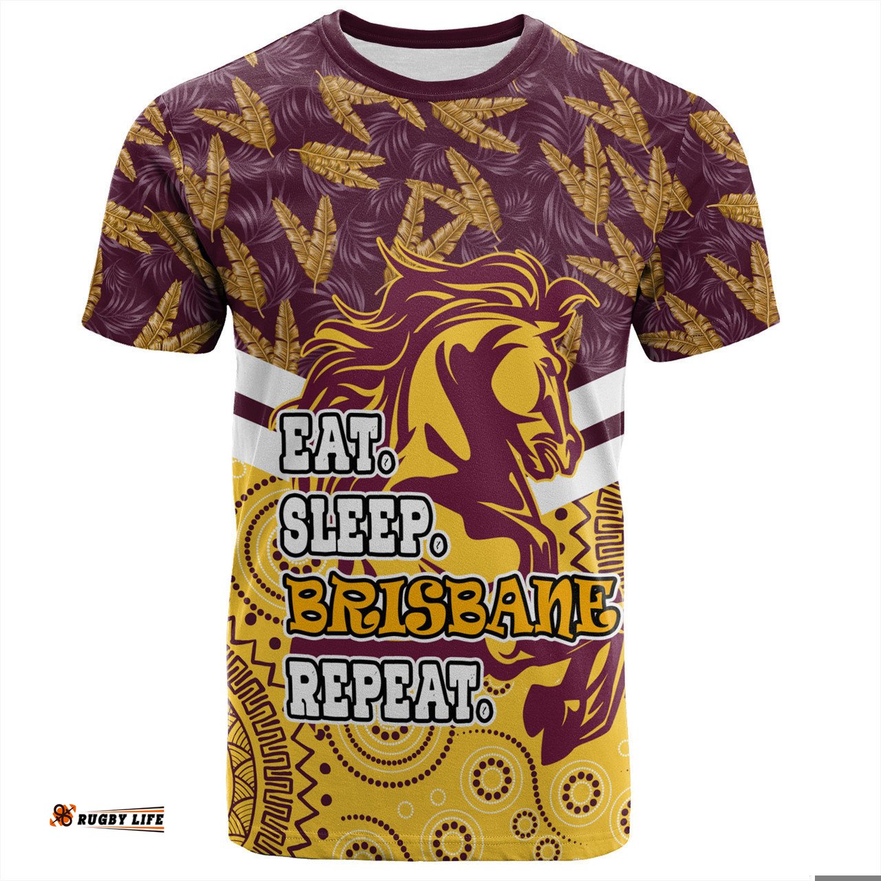 Amazing Aussie Brisbane Broncos T-Shirt - Tropical Patterns And Dot Painting Eat Sleep Rugby Repeat