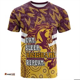 Amazing Aussie Brisbane Broncos T-Shirt - Tropical Patterns And Dot Painting Eat Sleep Rugby Repeat