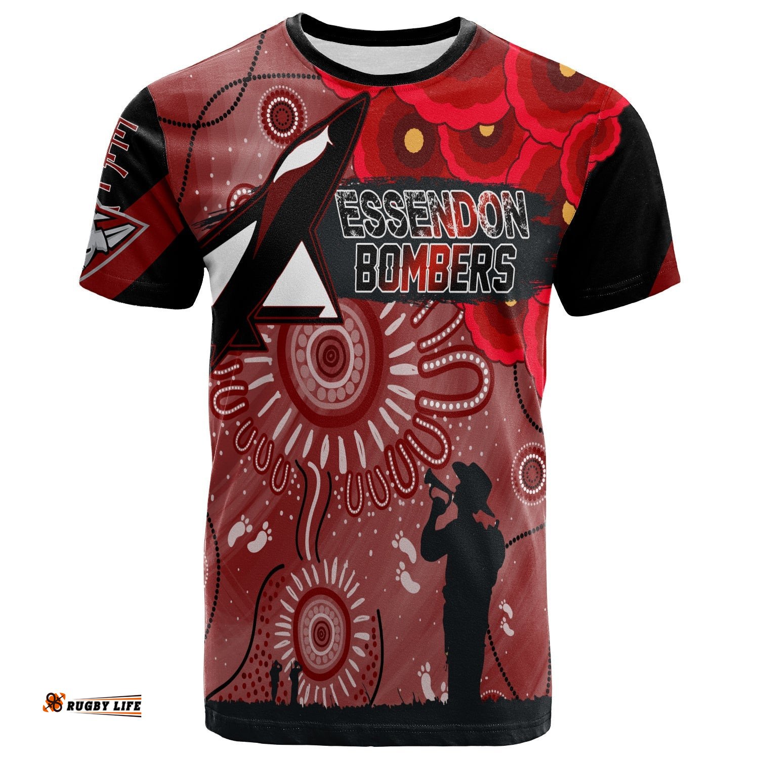 custom personalised essendon bombers indigenous anzac day t shirt we will remember