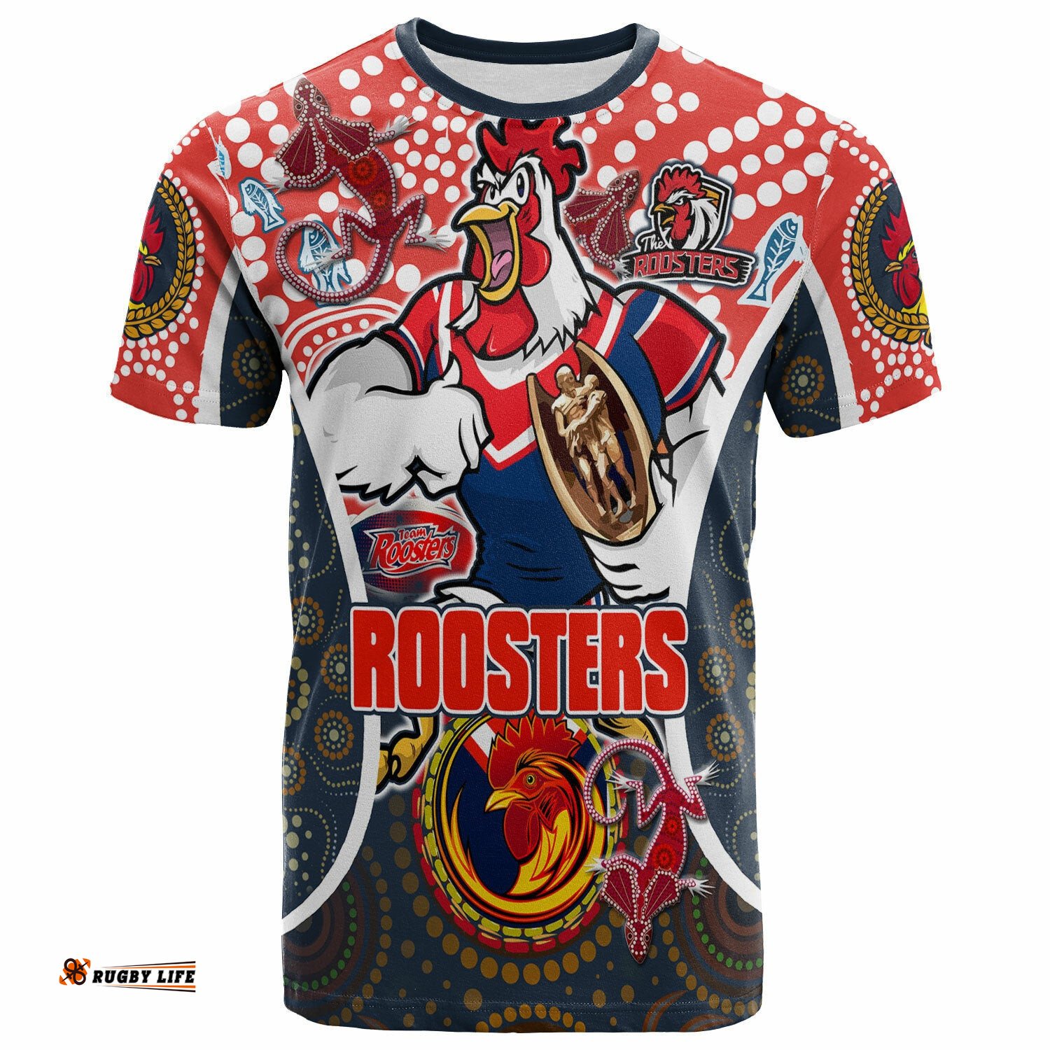 roosters rugby t shirt custom sydney roosters champion mascot with aboriginal art personalised player and number t shirt rlt14