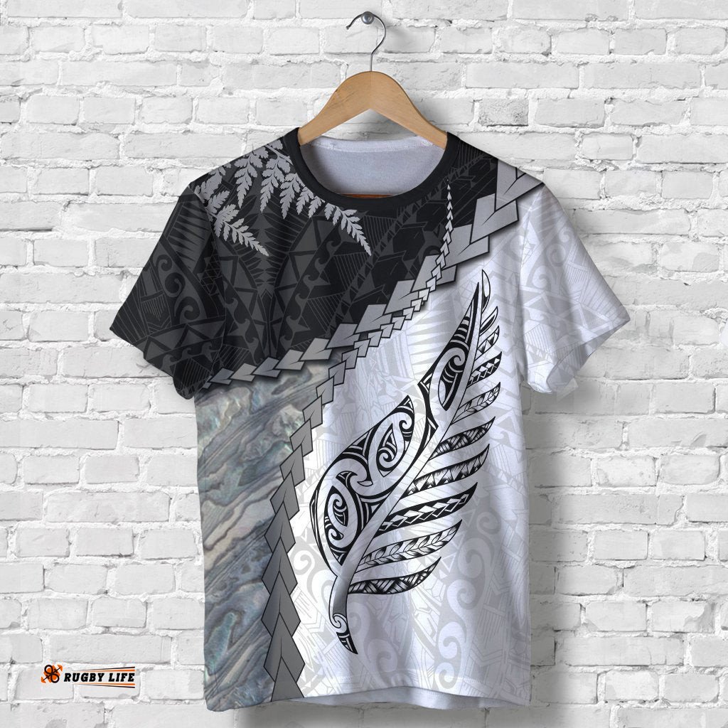 paua shell maori silver fern t shirt white
