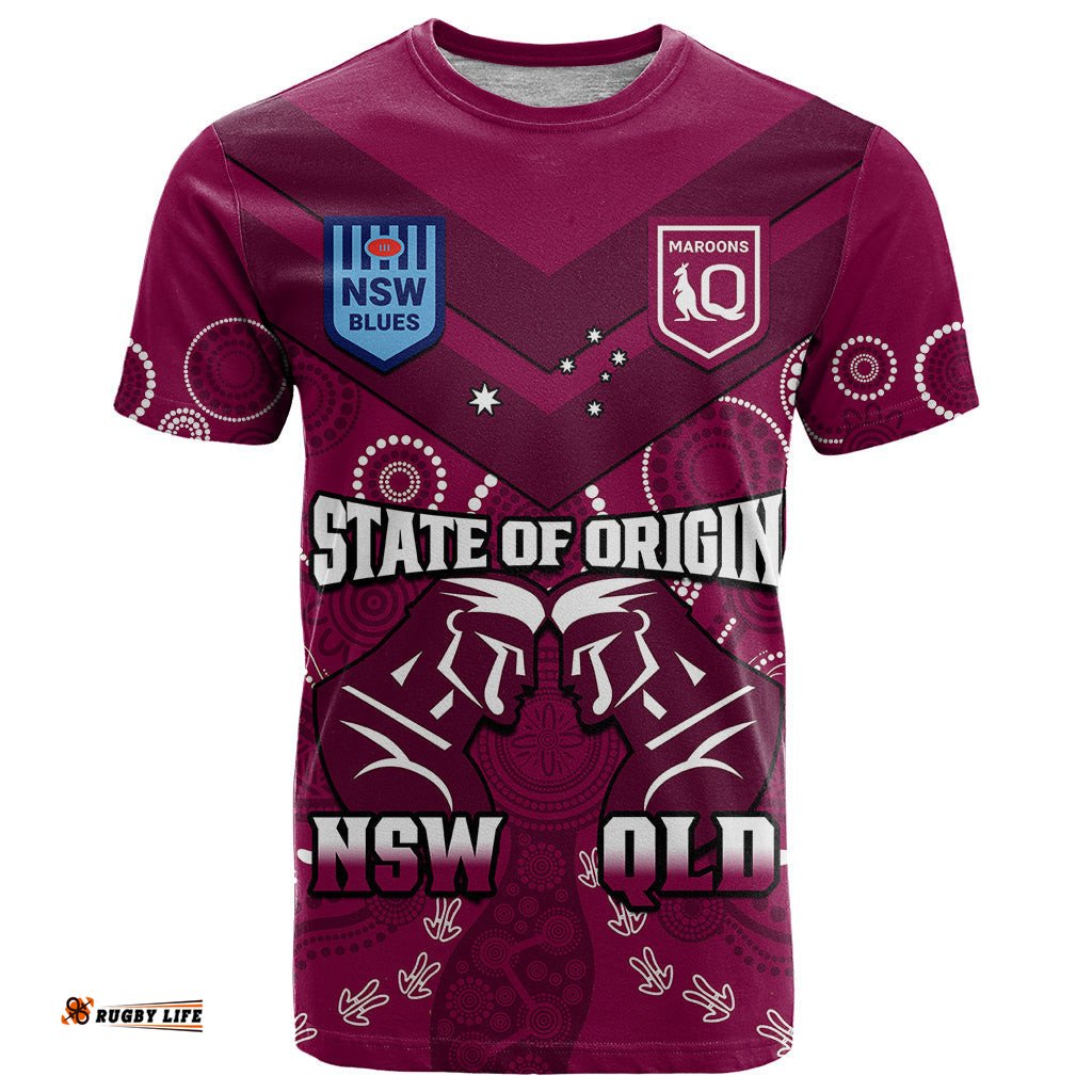 personalised qld maroons and nsw blues rugby t shirt state of origin 2023 indigenous maroon