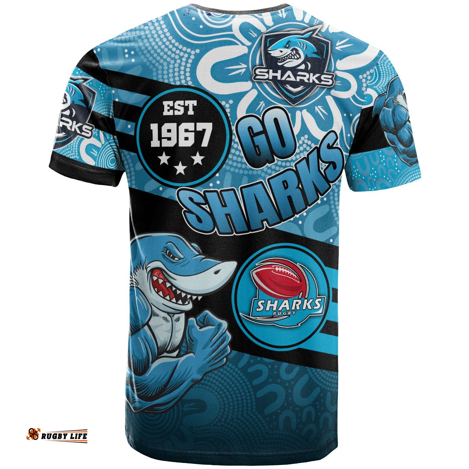 sharks rugby t shirt custom rugby ball go sharks aboriginal patterns t shirt