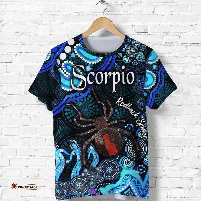 custom personalised australian astrology t shirt scorpio redback spider zodiac aboriginal vibes blue