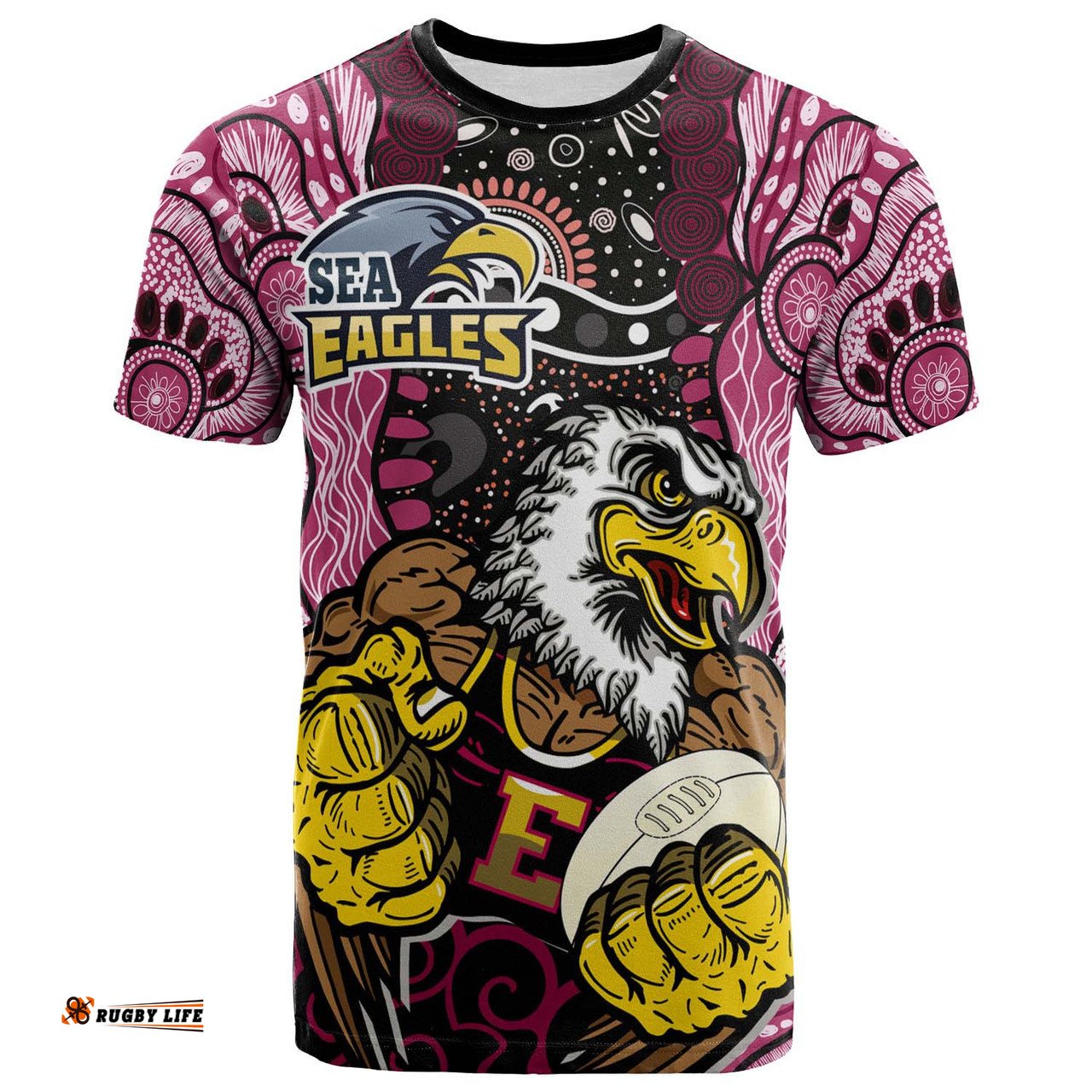 Amazing Aussie Australia Sea Eagles T-shirt - Custom Muscular Eagles with Ball and Aboriginal Inspired Indigenous Style