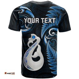 personalised new zealand t shirt aotearoa silver fern with manaia maori unique blue