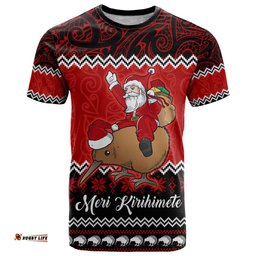 personalised new zealand christmas t shirt kiwi santa claus maori meri kirihimete