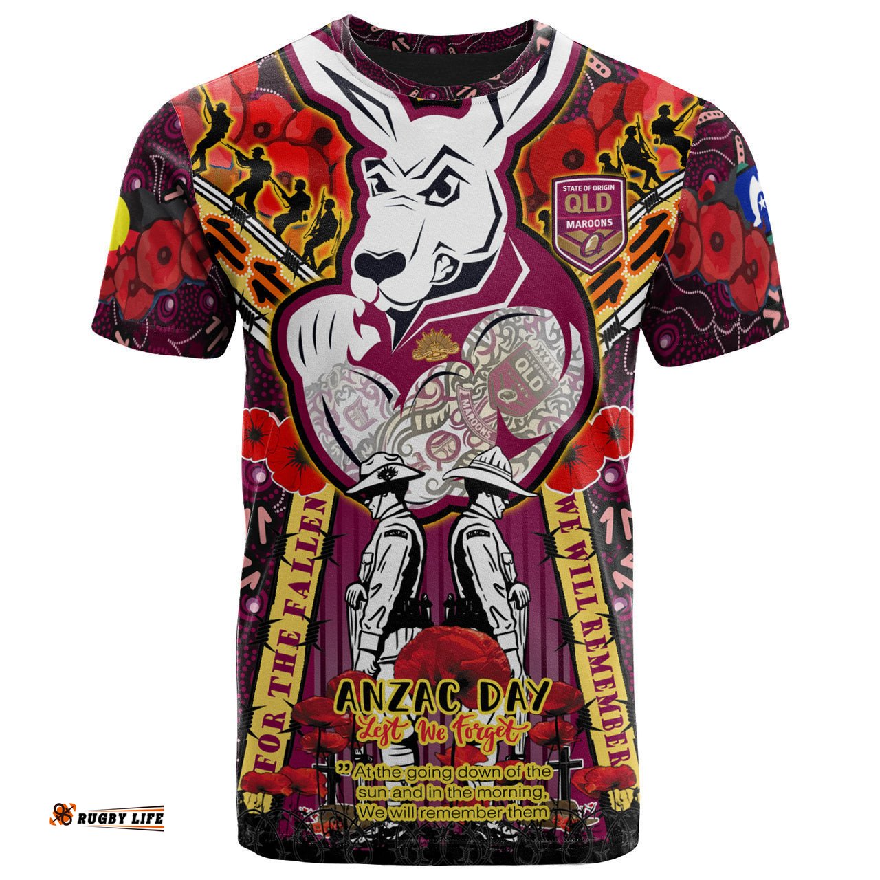 maroons rugby aboriginal anzac custom watercolour t shirt remembrance maroons canetoads queenslanders with poppy flower 0