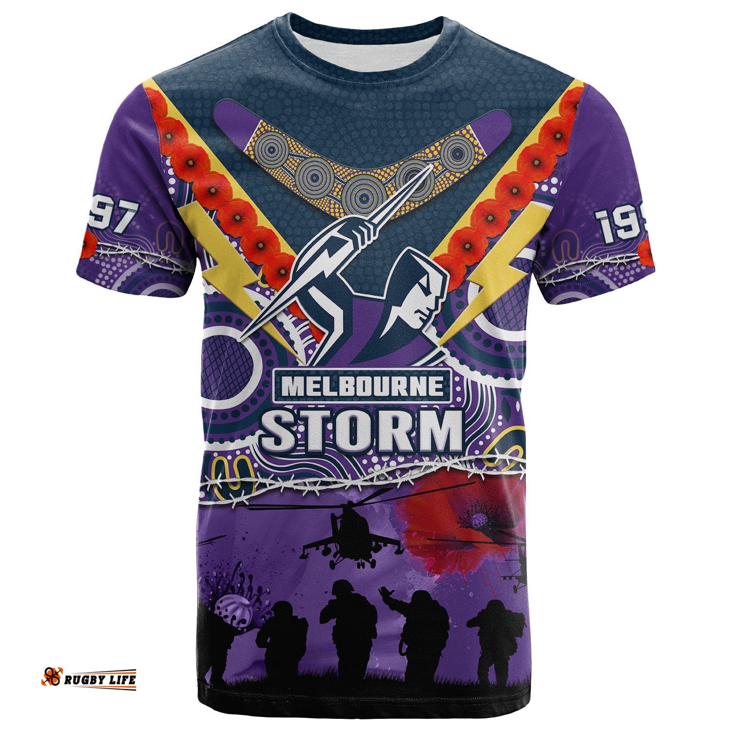 melbourne storm rugby anzac t shirt indigenous poppy australian army
