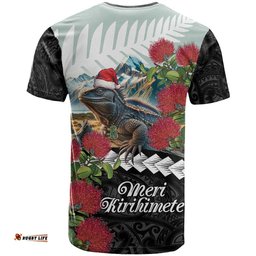 meri kirihimete tuatara t shirt new zealand fern with puhutukawa flowers
