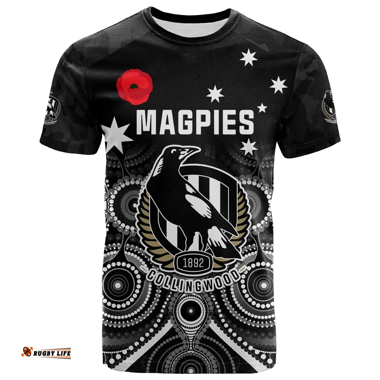 magpies football anzac day t shirt aboriginal poppy flowers