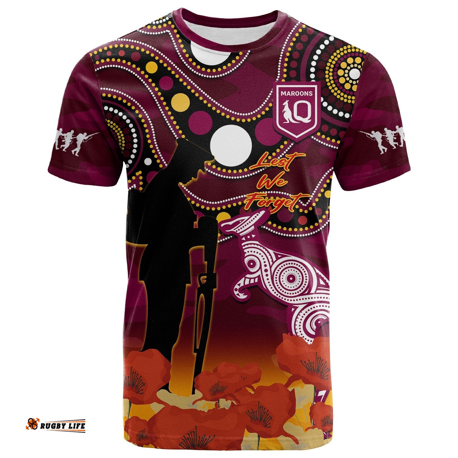 maroons rugby anzac 2023 t shirt qld aboriginal mix poppy camouflage