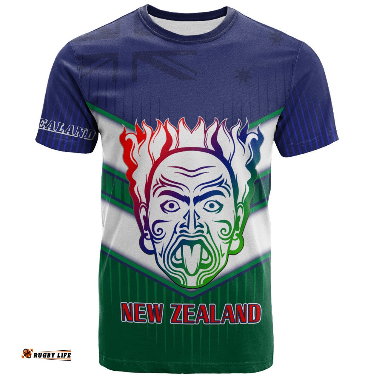 Amazing Aussie New Zealand Warriors Sport T-shirt - Maori Face With NZ Flag T-shirt