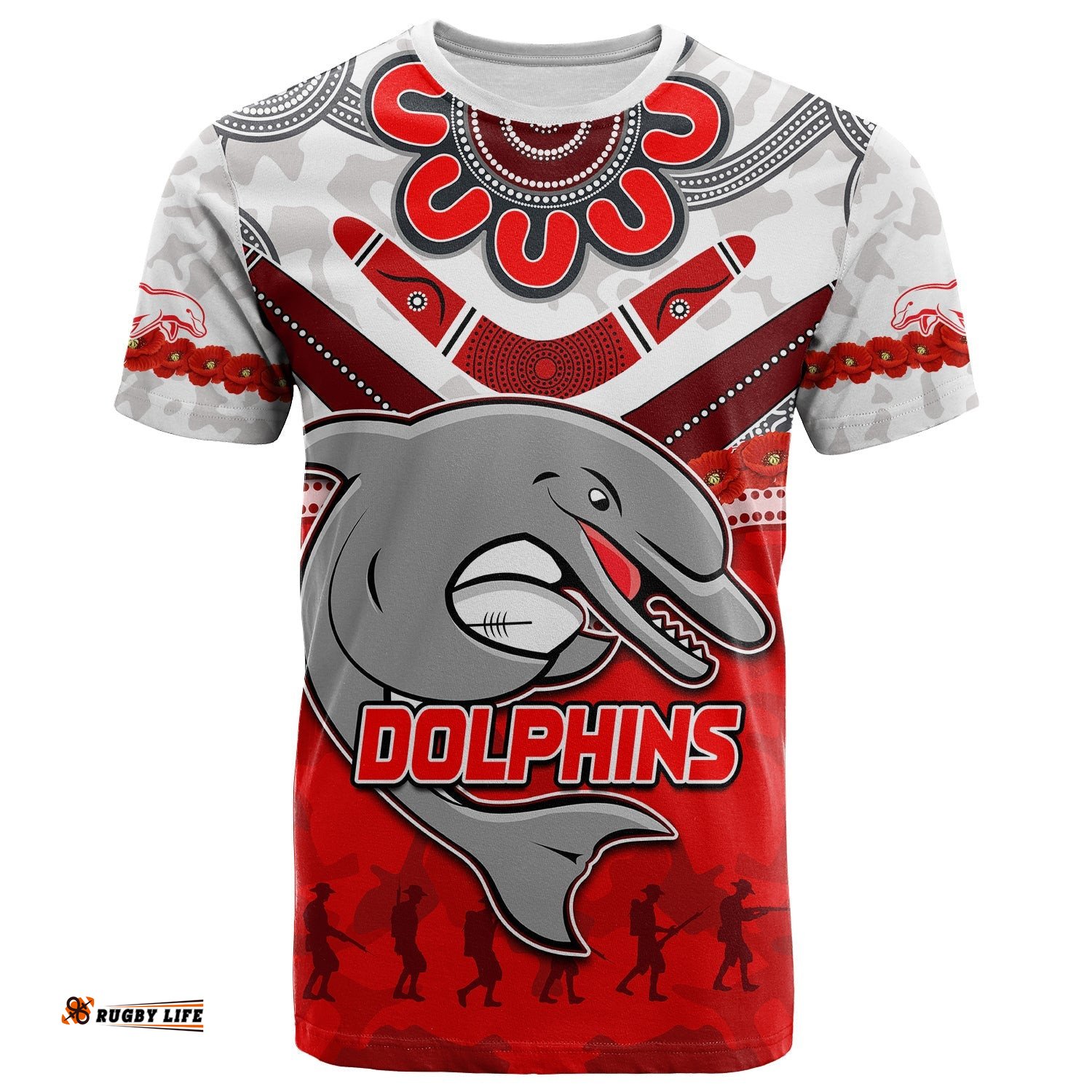 custom personalised dolphins rugby t shirt anzac day poppy aboriginal