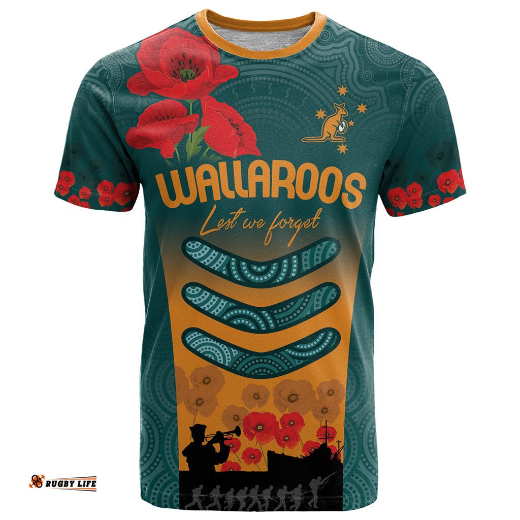 custom wallaroos rugby anzac t shirt poppy soldier with aboriginal dots art