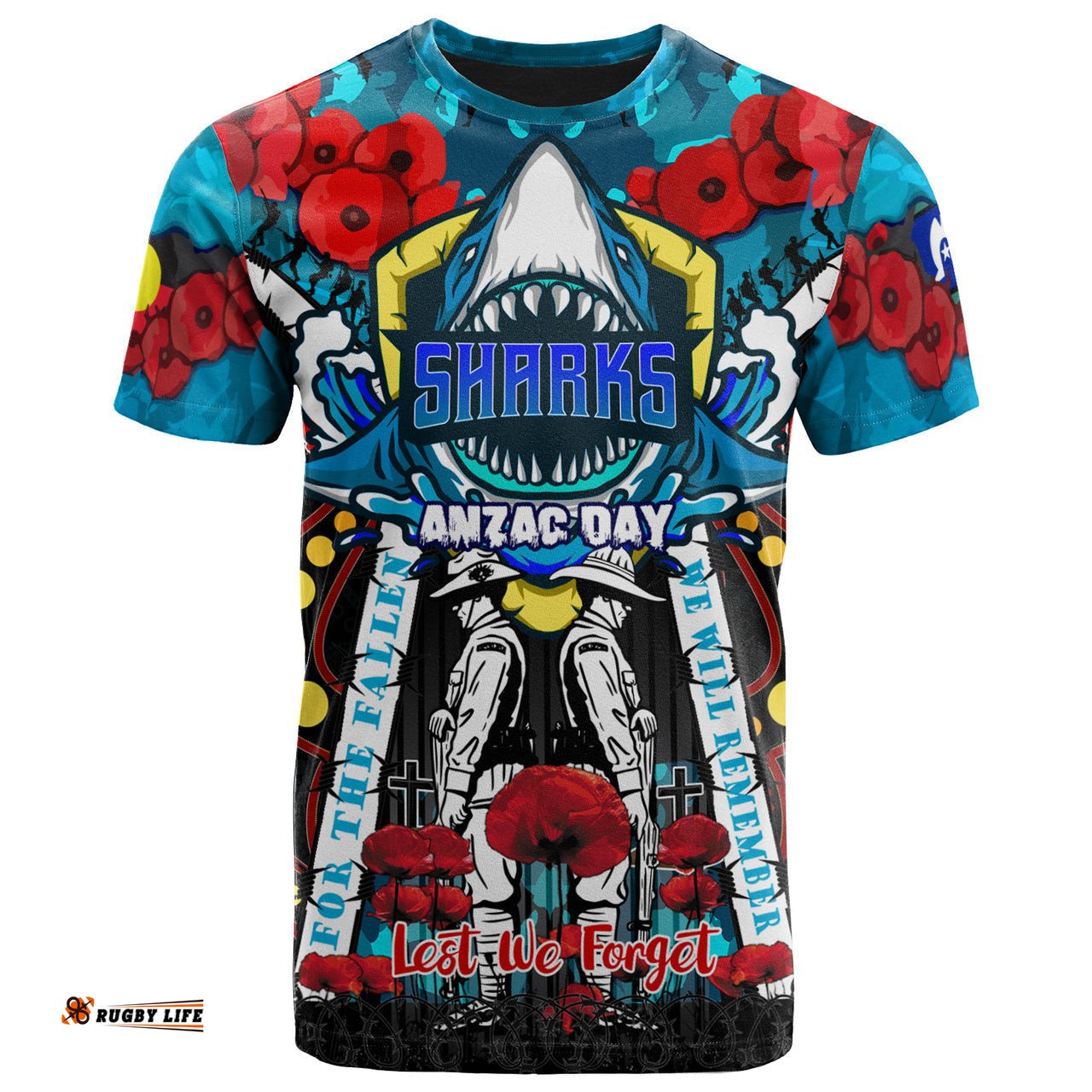 sharks rugby anzac day watercolour custom t shirt remembrance cronulla sutherland sharks with poppy flower